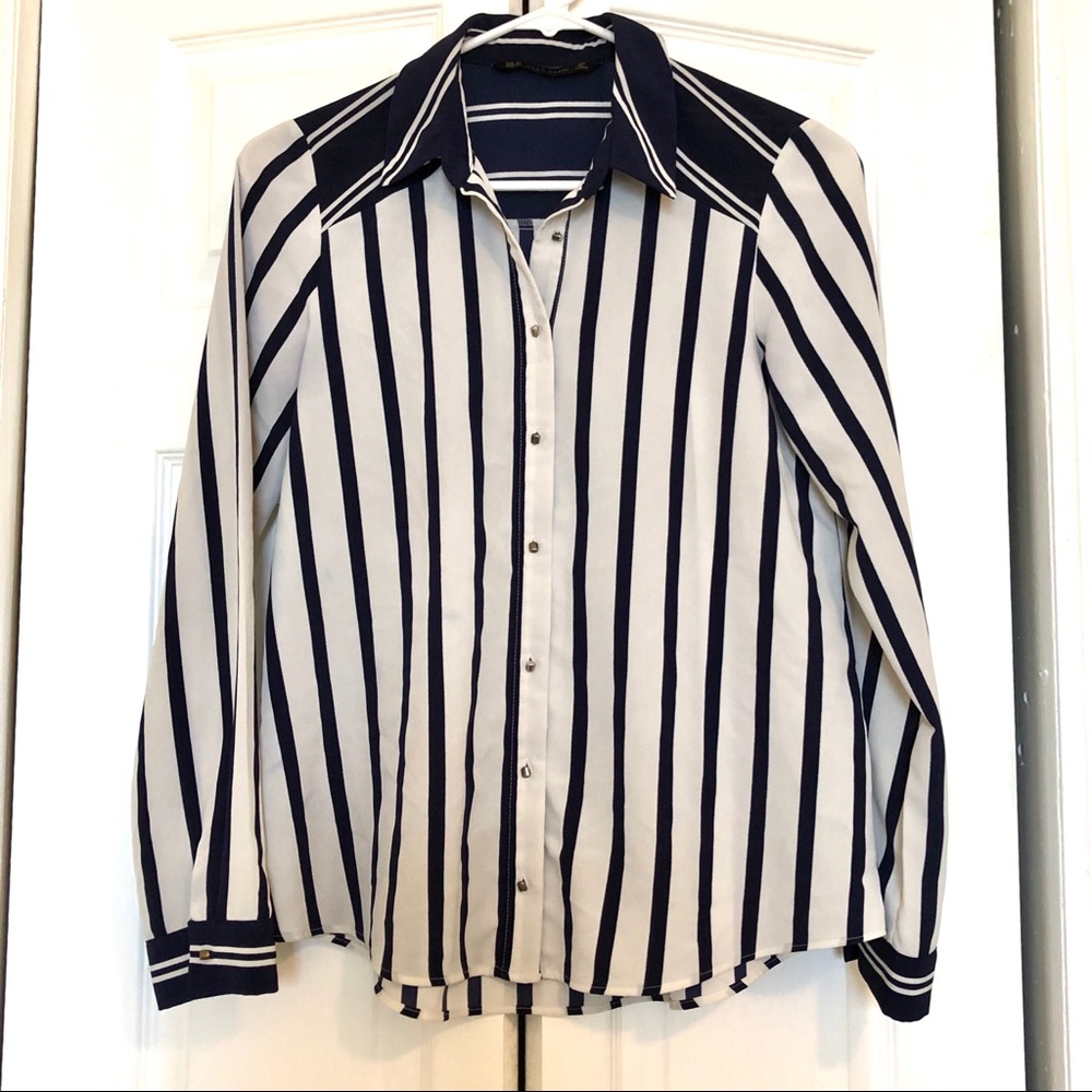 Zara blue and white striped button down blouse size XS